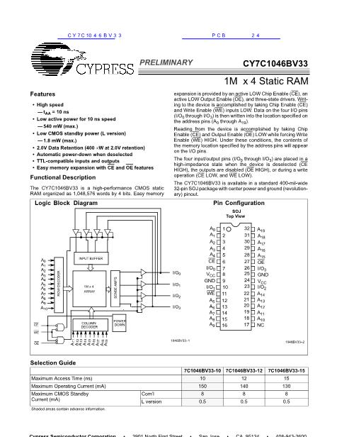 CY7C1046BV33数据手册封面