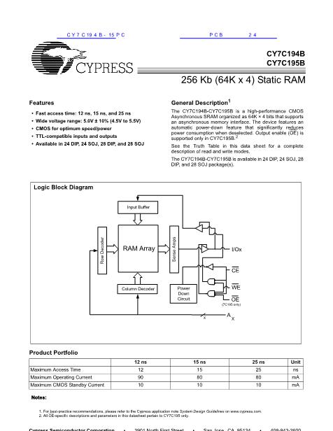CY7C194B-15PC数据手册封面