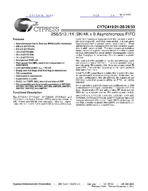 CY7C419-10AC数据手册封面