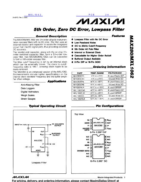 MAX280-MXL1062数据手册封面