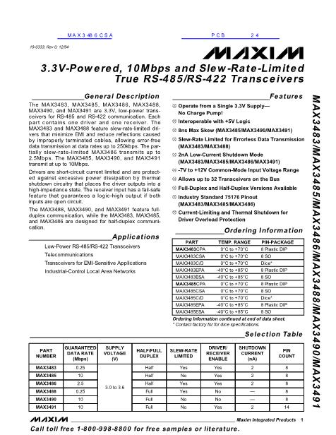 MAX3483数据手册封面