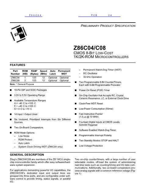 Z86C04数据手册封面