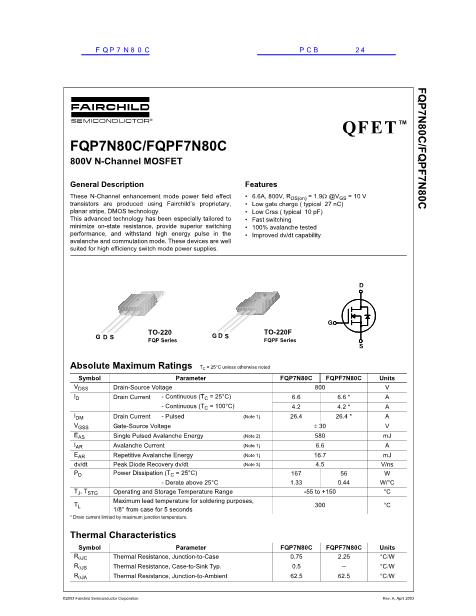 FQP7N80C数据手册封面