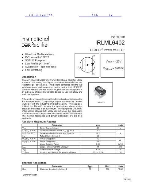IRLML6402TR数据手册封面