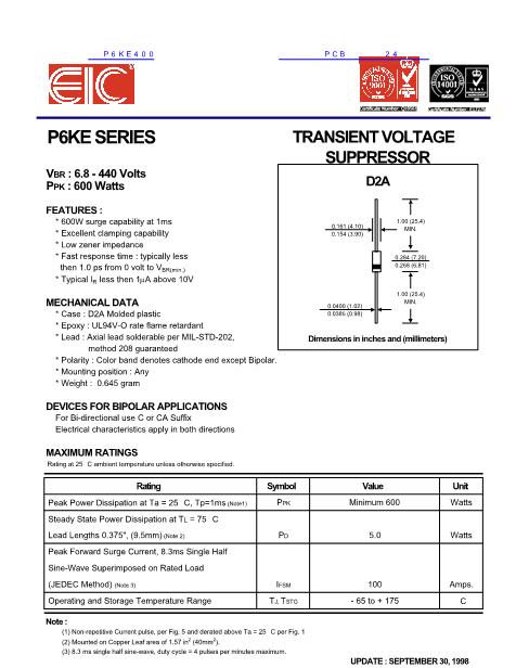 P6KE400數(shù)據(jù)手冊封面