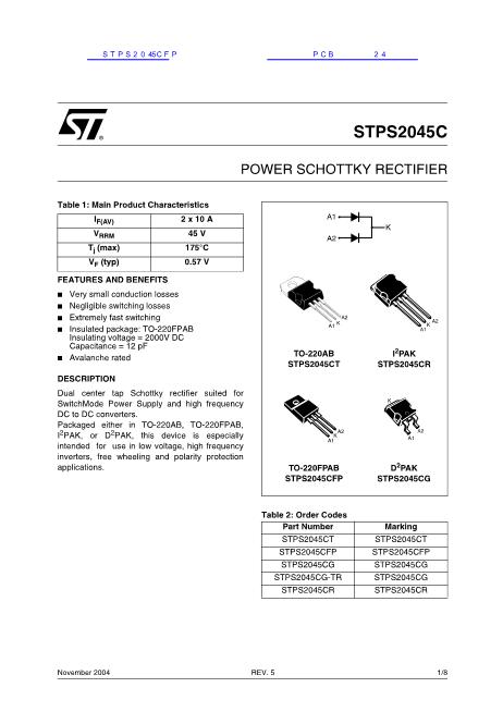 STPS2045CFP数据手册封面