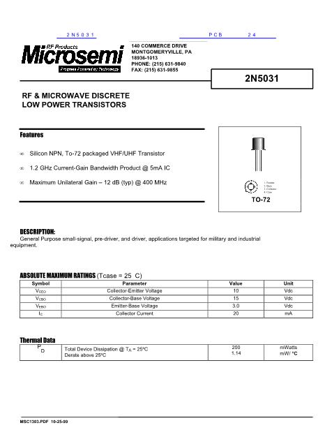2N5031數(shù)據(jù)手冊封面