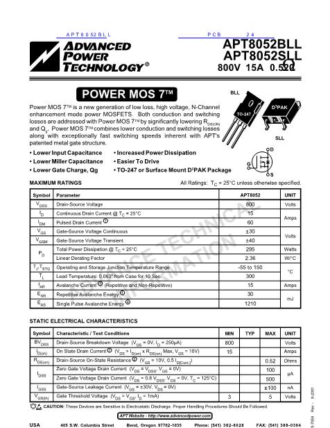 APT8052BLL数据手册封面