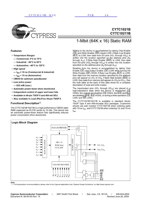 CY7C10211B-10VC数据手册封面
