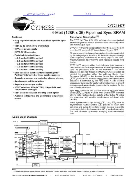 CY7C1347F-133AC数据手册封面