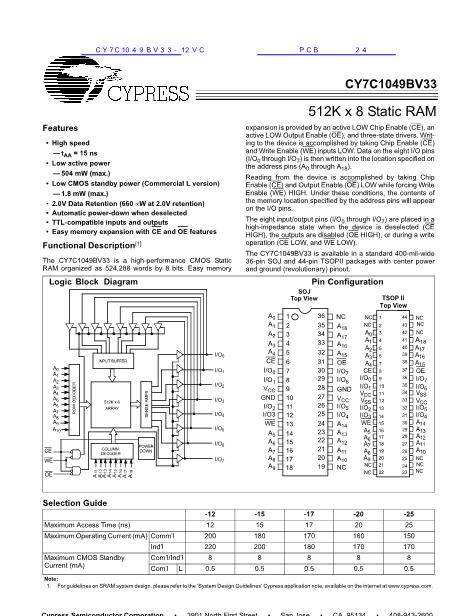 CY7C1049BV33-12VC数据手册封面