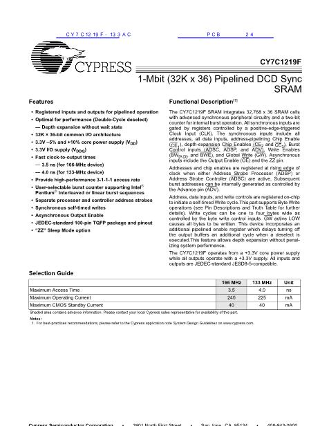 CY7C1219F-133AC数据手册封面