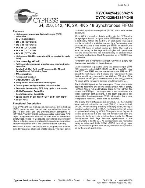 CY7C4205-10AC数据手册封面
