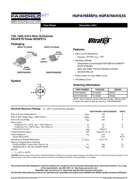 HUFA75645P3數(shù)據(jù)手冊封面