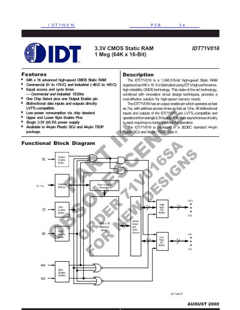 IDT71V016数据手册封面