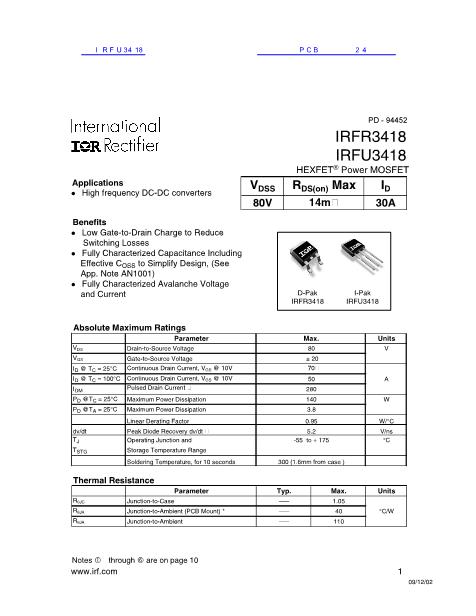 IRFU3418數(shù)據(jù)手冊封面