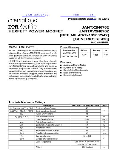 JANTX2N6762数据手册封面