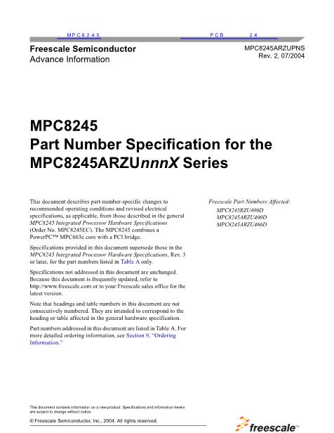 MPC8245数据手册封面