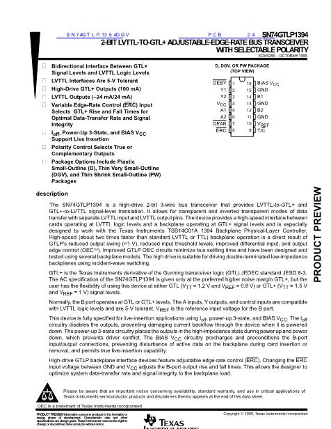 SN74GTLP1394DGV數(shù)據(jù)手冊封面
