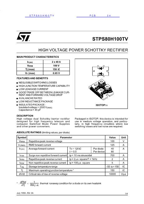 STPS80H100TV数据手册封面