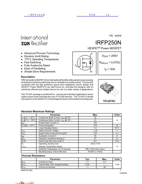 IRFP250N数据手册封面