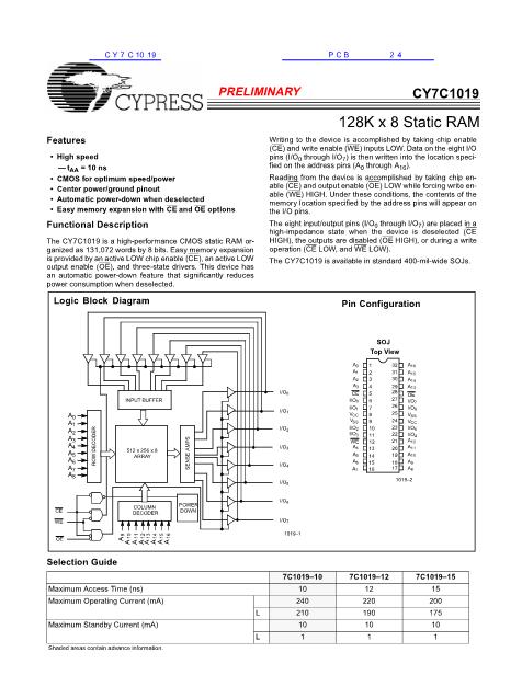 CY7C1019數(shù)據(jù)手冊封面