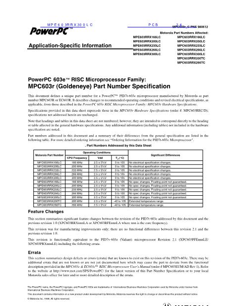 MPC603RRX166LC数据手册封面