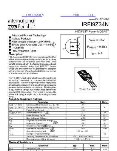 IRFI9Z34N数据手册封面