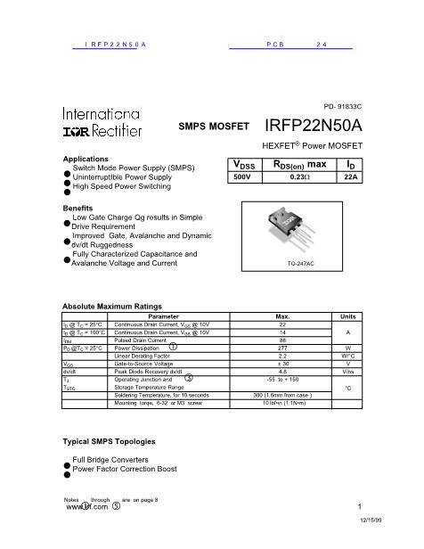 IRFP22N50A数据手册封面