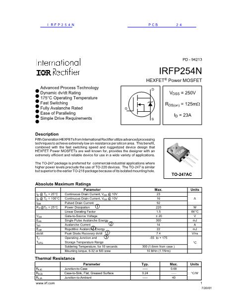 IRFP254N数据手册封面