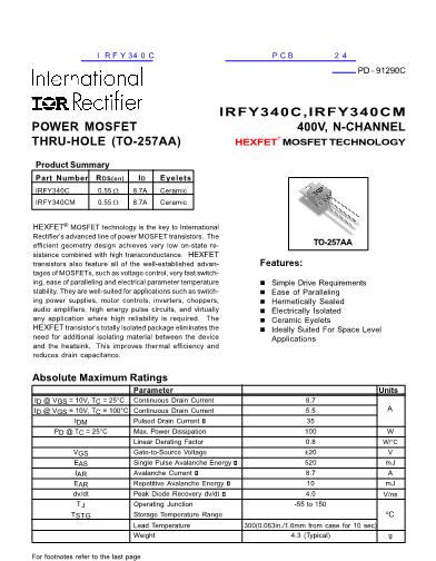 IRFY340C数据手册封面