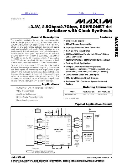 MAX3892数据手册封面