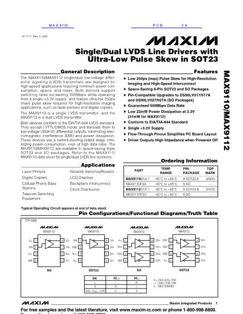 MAX9110数据手册封面