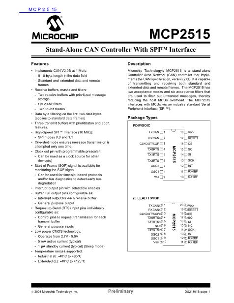 MCP2515数据手册封面