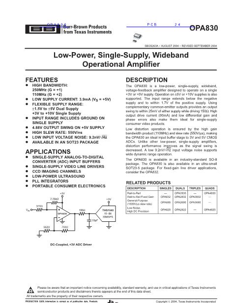 OPA830數(shù)據(jù)手冊封面