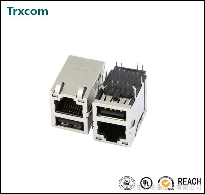 供应HR981121C,RJ45+USB ,  Ethernet(non PoE) ,  RJ45 ,  集成10/100以太网滤波器(以太网变压器)RJ45	