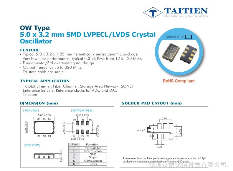 台湾泰艺OW有源晶振  320M高频晶振