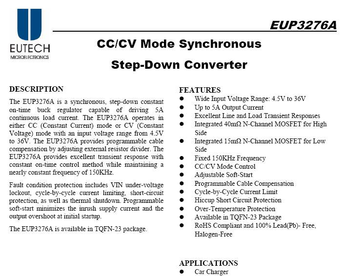 EUP3276A低功耗100%占空比高效DCDC降压芯片